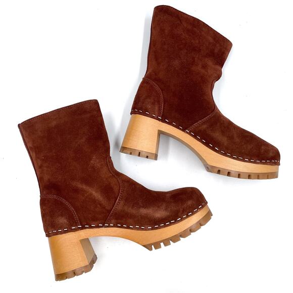 Swedish Hasbeens Suede Teddy Boots Platform Cognac Block Heel Pull On Sz 37 / 7 - Picture 5 of 10